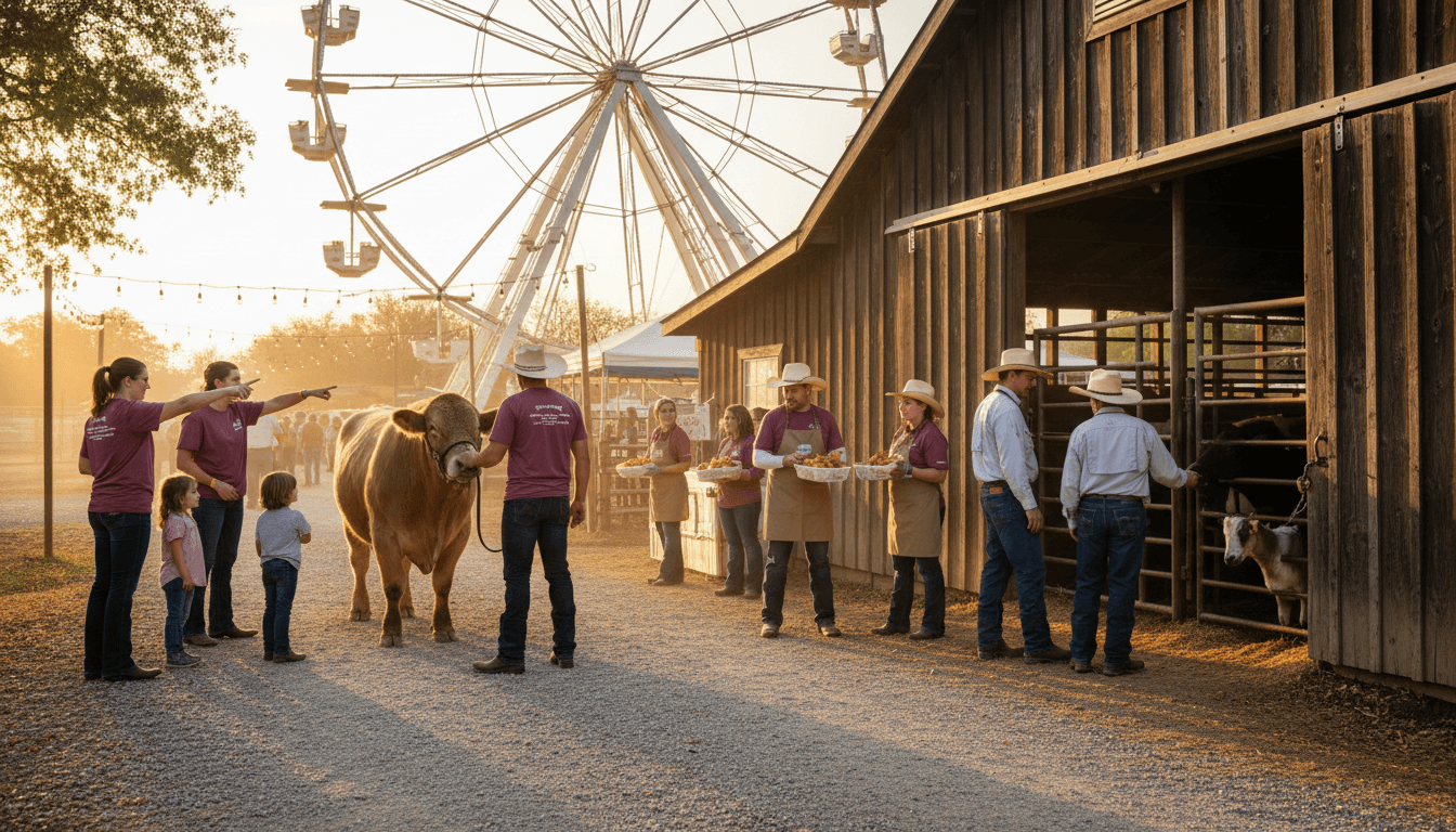 Volunteers in branded fair t-shirts and jackets at dusk near ferris wheel and livestock barn, wearing jeans and cowboy hats under warm golden light